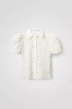 White Eyelet Embroidered Puff Sleeve Open Shirt