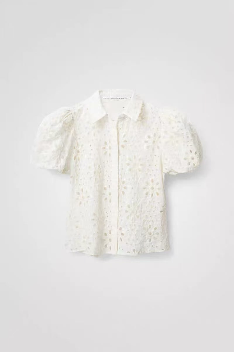 White Eyelet Embroidered Puff Sleeve Open Shirt