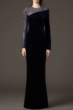 Riva Crystal Patchwork Velvet Column Maxi Dress In Dark Blue