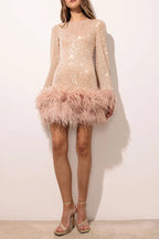 Murray Pale Pink Sequin Feather Trim Backless Mini Dress