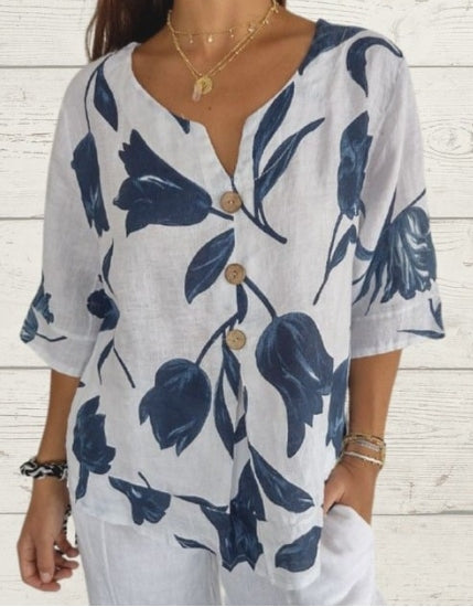 Flowering Girl Women Printed Linen-Cotton V-Neck Pullover Shirt