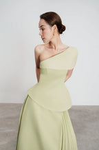 Flowering Girl Women One Shoulder Top Flare Midi Skirt suit in Olive Green