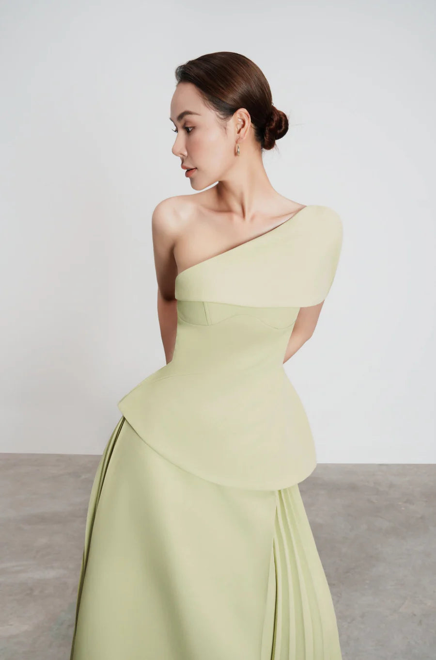 Flowering Girl Women One Shoulder Top Flare Midi Skirt suit in Olive Green