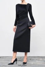 Flowering Girl Women Mirabel A-line Back Slit Taffeta Midi Dress in black