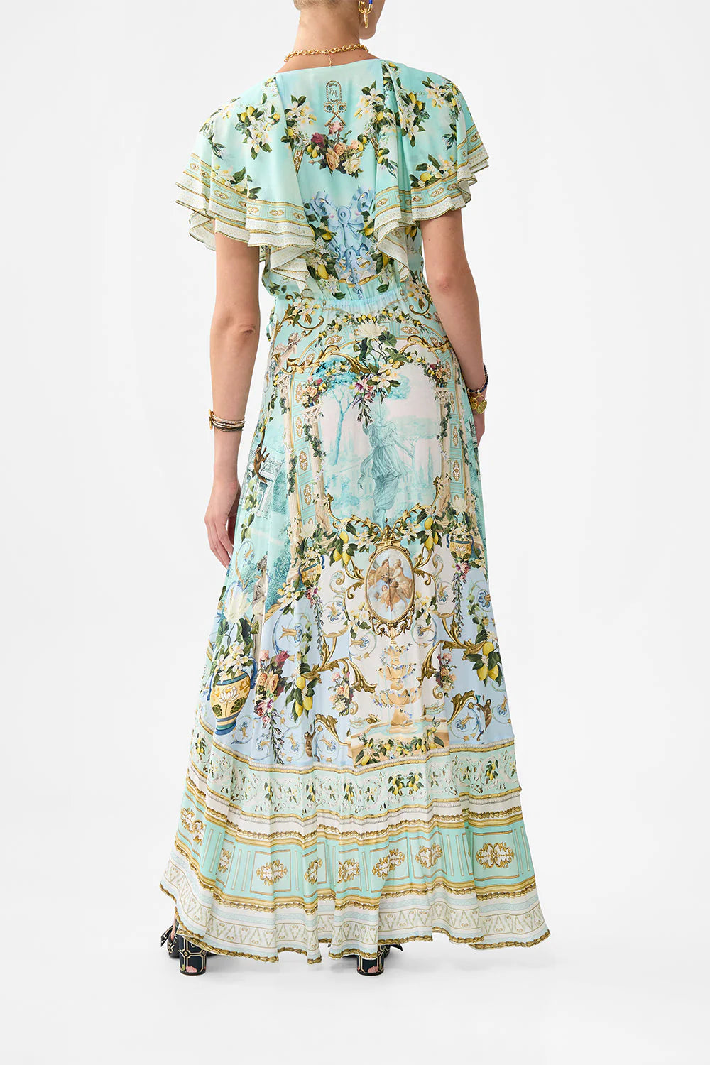 Flowering Girl Women Green-Multi Printed Ruffled V-Neck Irregular Hem Silk Maxi Dress