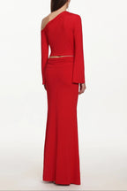 vicky metal flower Asymmetrical Long Sleeve Top skirt set - red