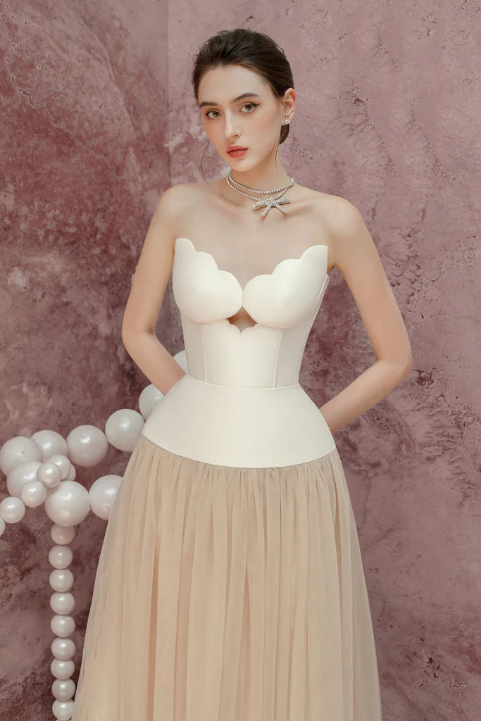 Flowering Girl Women Two-Tone Hollow Tube Top Tulle Midi Dress