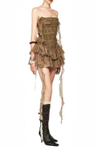 Althea Ruffle Trim Fish Bones Mini Dress In Brown