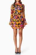 Flowering Girl Women Multi Orange Flower Embroidered Long Sleeves Mini Dress