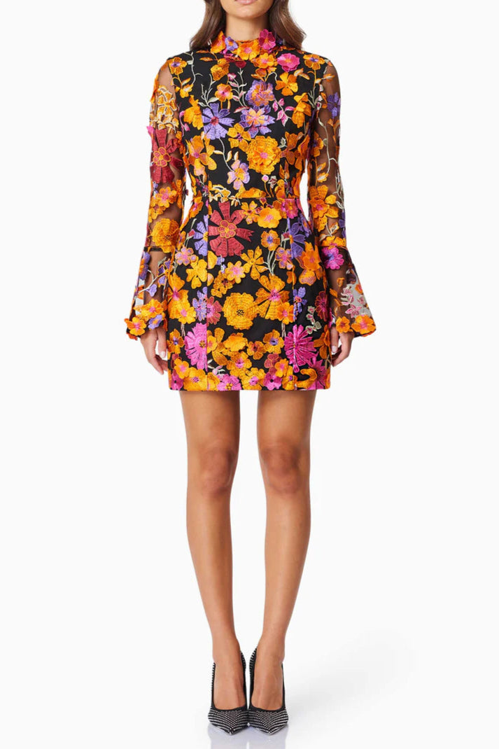 Multi Orange Flower Embroidered Long Sleeves Mini Dress