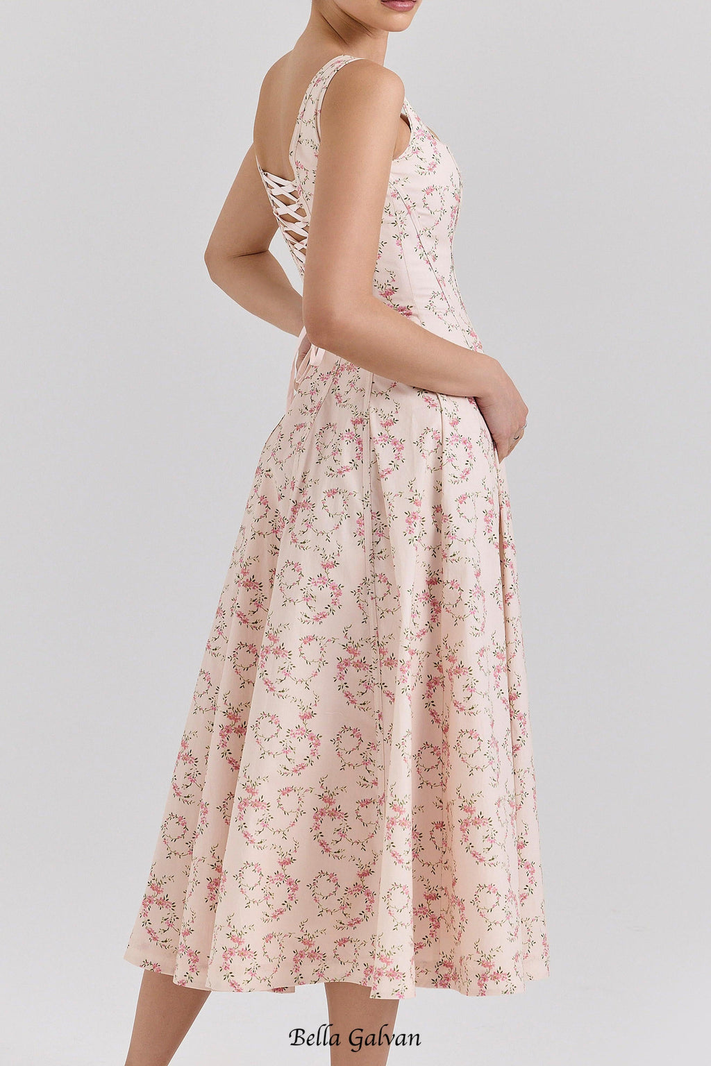 gemma Floral Cream Lace-Up Stretch Cotton Midi Dress