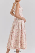 gemma Floral Cream Lace-Up Stretch Cotton Midi Dress