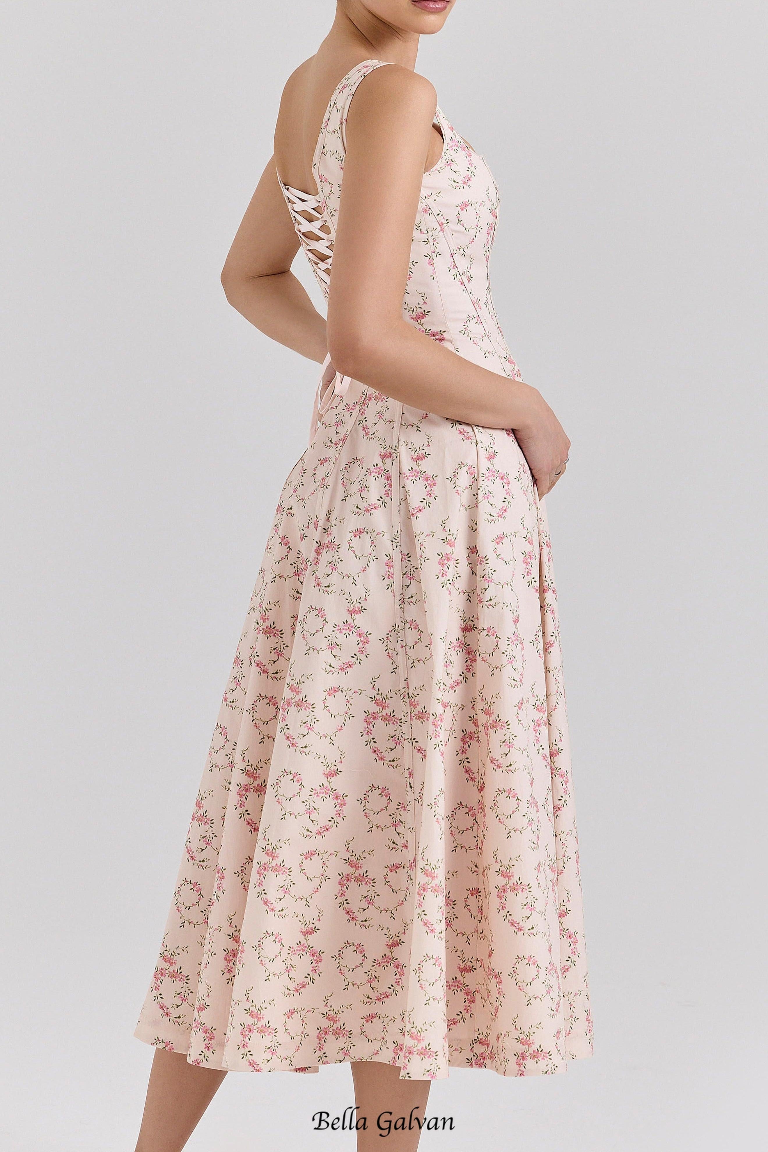 gemma Floral Cream Lace-Up Stretch Cotton Midi Dress