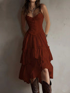 Corset-Style Lace Trim Tiered Midi Dress