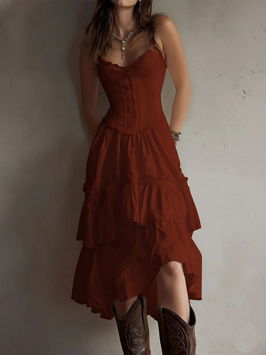 Corset-Style Lace Trim Tiered Midi Dress