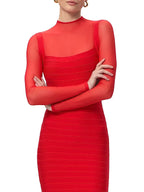 Tina Red Long-Sleeve Mesh See-Through Bandage Maxi Dress