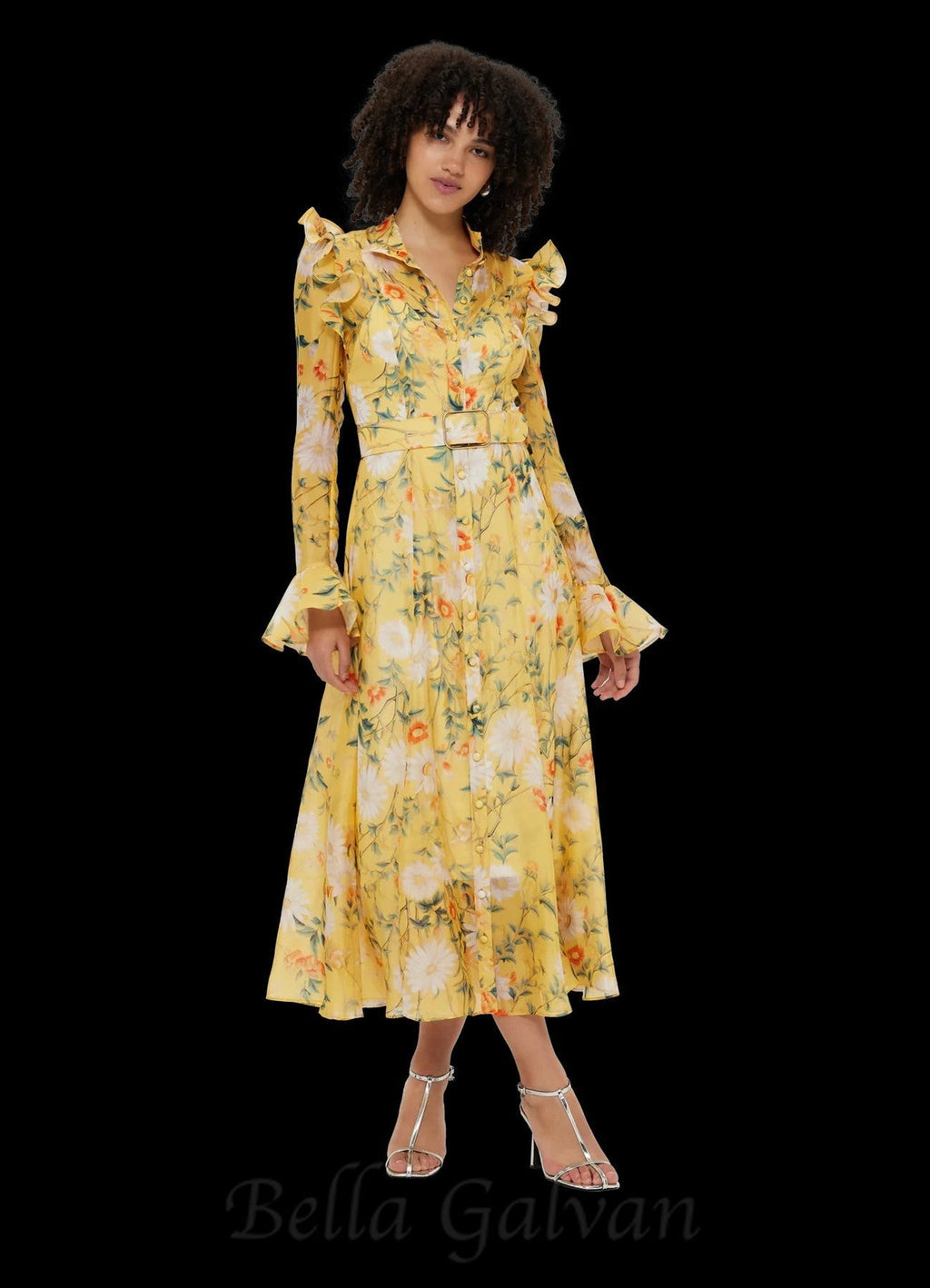 Flowering Girl Women Daisy Print Butterfly Sleeve Midi Dress in yellow