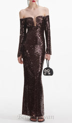 Flowering Girl Women long sleeve sequin maxi dress in brown