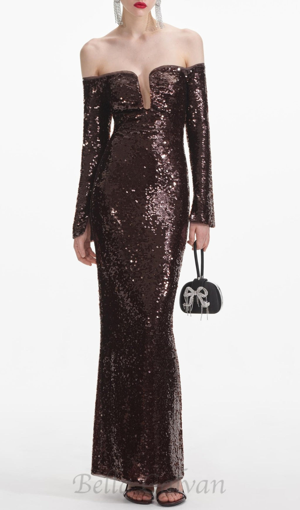 Flowering Girl Women long sleeve sequin maxi dress in brown