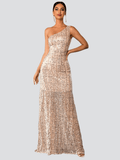 One Shoulder Sequins Maxi Prom Dress