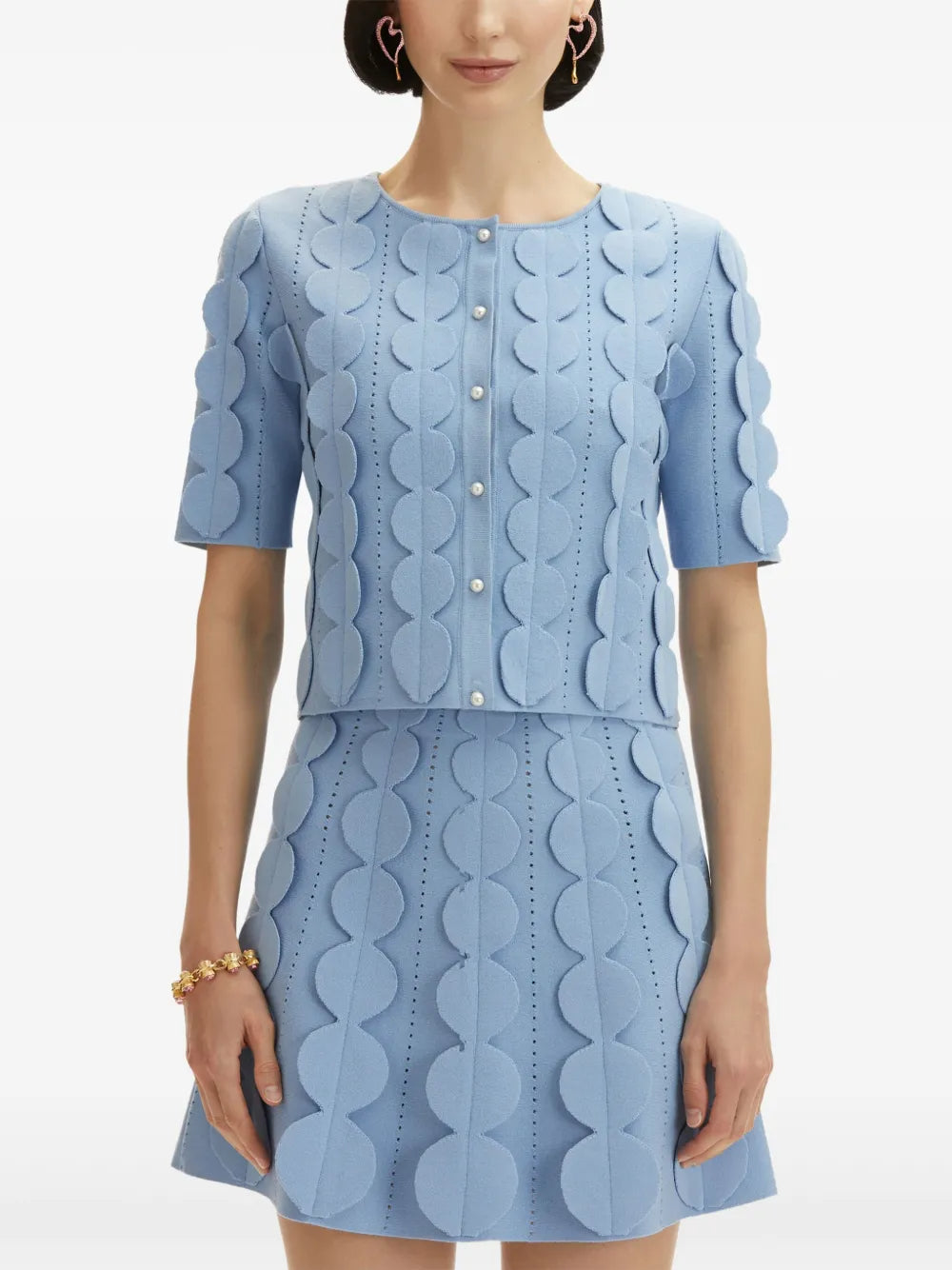 Blue Geometric Circle Pattern Cardigan Skirt Two-Piece Set