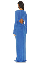 Virginia Blue Pleated Long Sleeve High Slit Maxi Dress