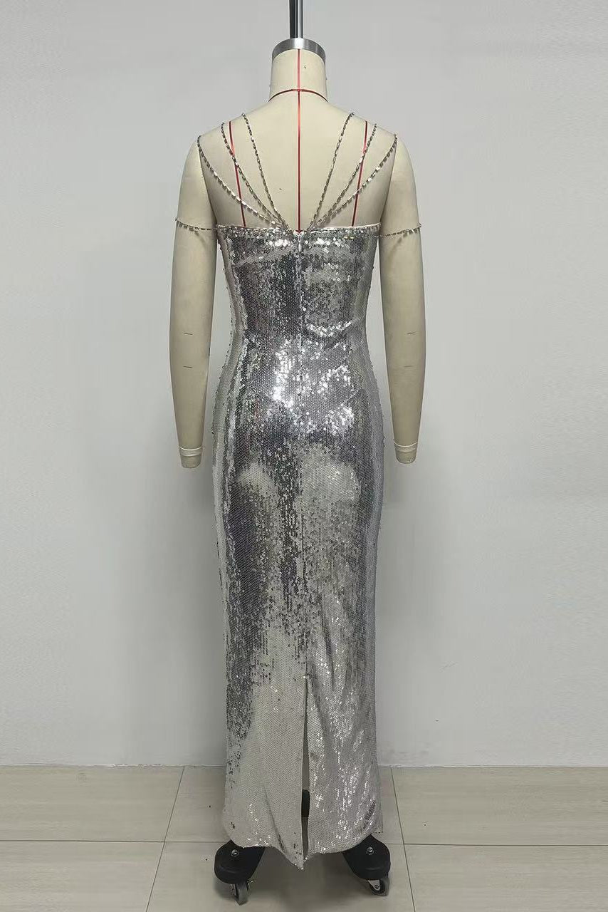 Sequin Rhinestone Strap Mermaid Maxi Gown