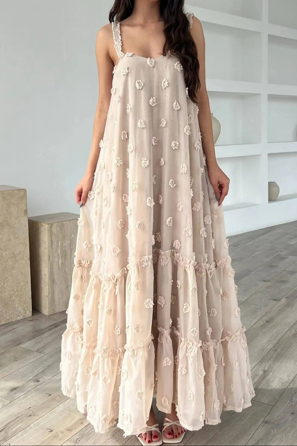 Flowering Girl Women Annabelle Jacquard Strap Maxi Dress In Apricot