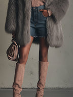 Flowering Girl Women Gray Faux Fox Fur Eco Friendly Long Sleeve Jacket