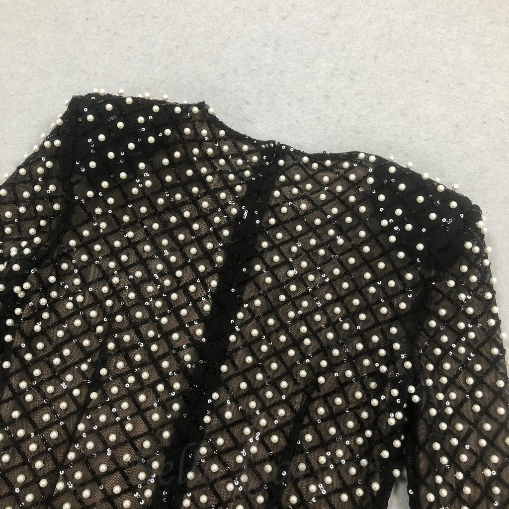 Flowering Girl Women pearl embellished cut out bow mini dress in black