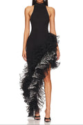 halter sleeveless Sequin Ruffle trim maxi dress in black