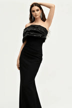 Flowering Girl Women Rosemary Black Pearl Embellished Draped Strapless Maxi Dress