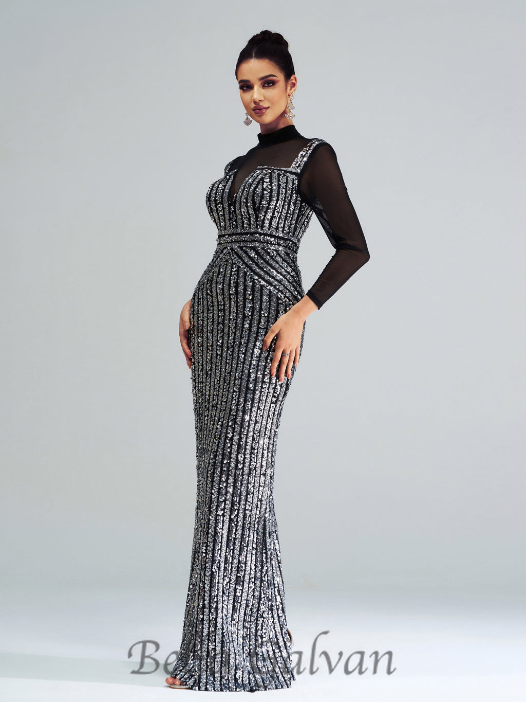 Flowering Girl Women stand collar sequin panel maxi dress in black