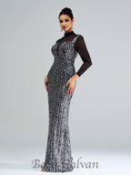 Flowering Girl Women stand collar sequin panel maxi dress in black