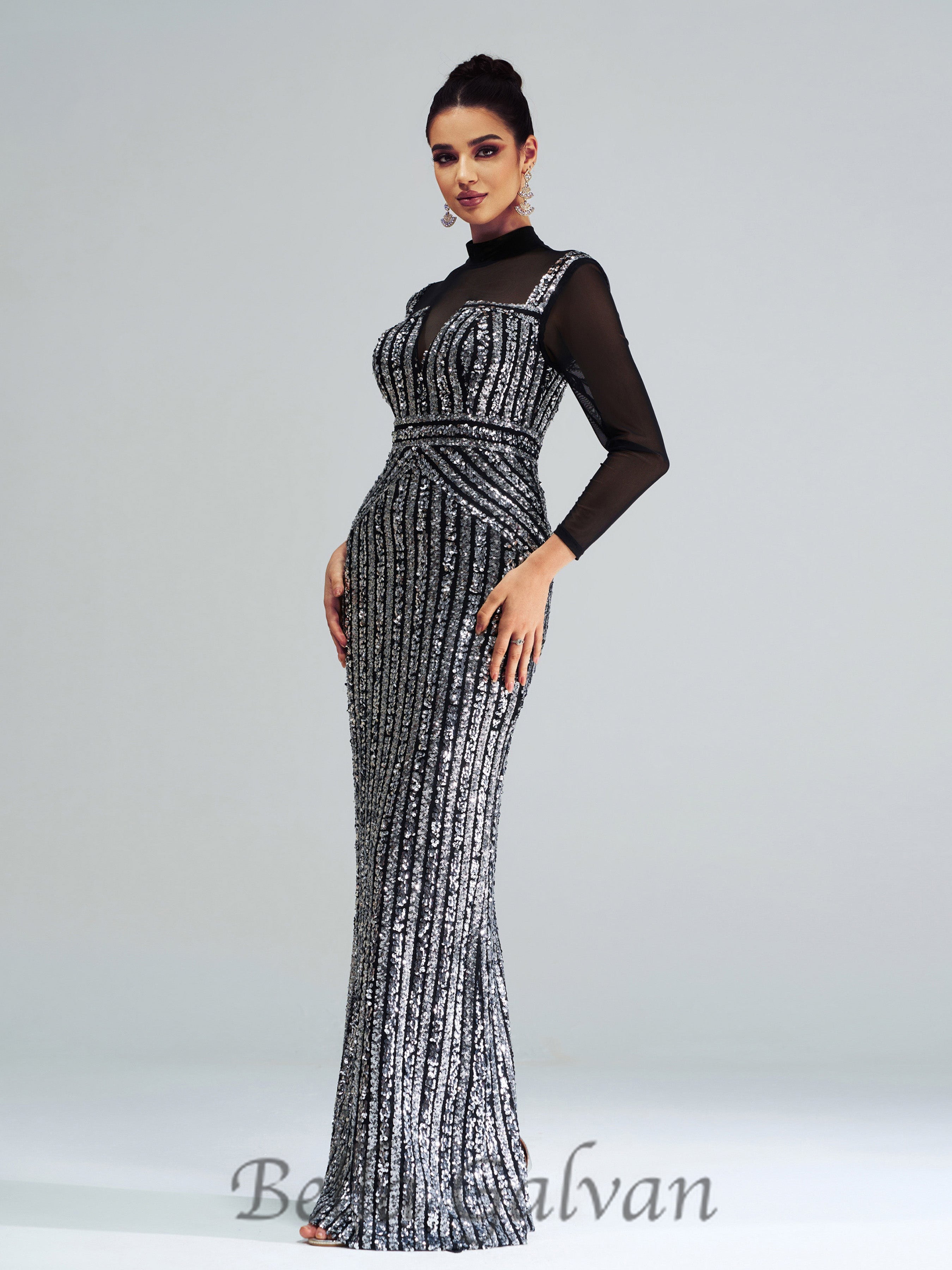 Flowering Girl Women stand collar sequin panel maxi dress in black