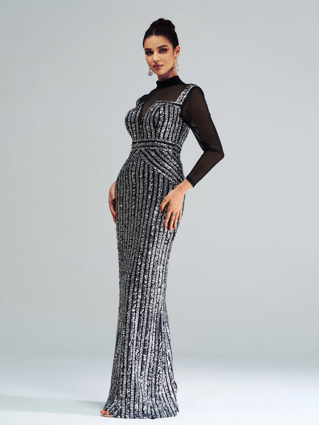 Flowering Girl Women Stand Collar Sequin Panel Long Sleeve Prom Dress