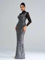 Flowering Girl Women Stand Collar Sequin Panel Long Sleeve Prom Dress