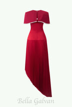 Flowering Girl Women Spaghetti Strap Asymmetric Pleated midi Dress in red