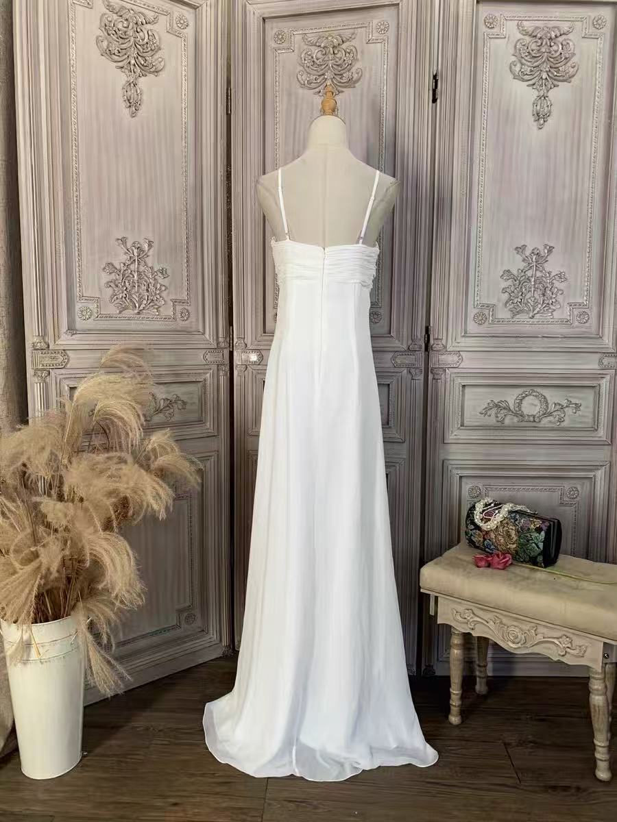 White Chiffon Beaded Empire Waist Evening Gown