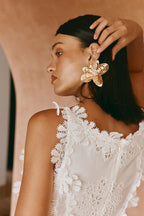 Flowering Girl Women Lace Trim Embroidery Hollow Midi Dress In White