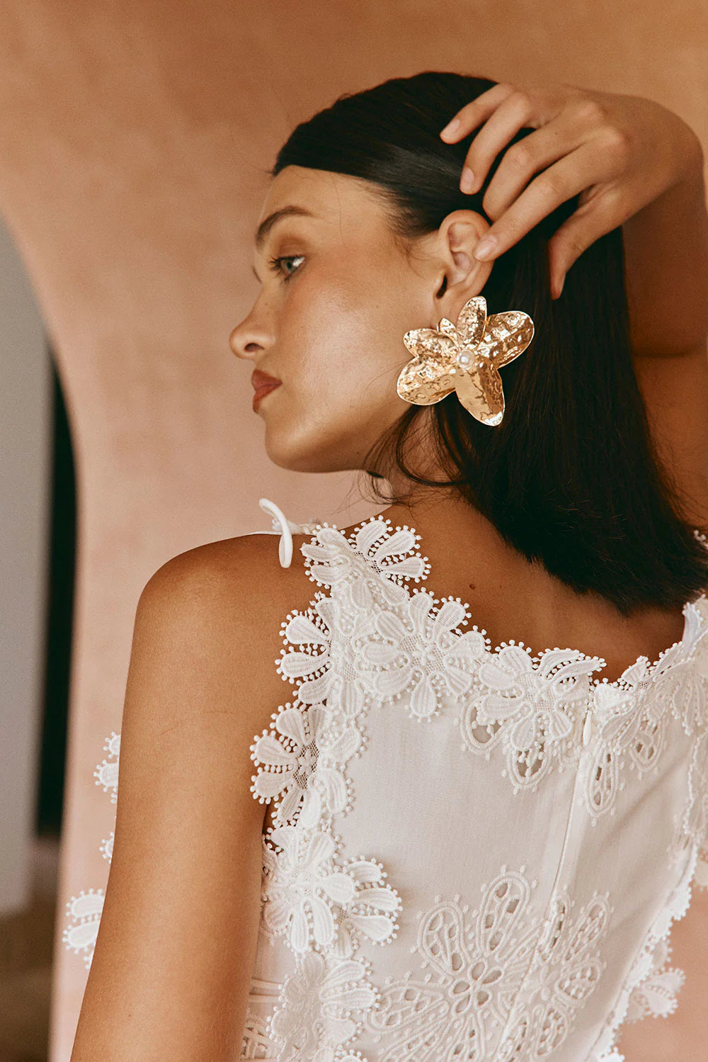 Flowering Girl Women Lace Trim Embroidery Hollow Midi Dress In White