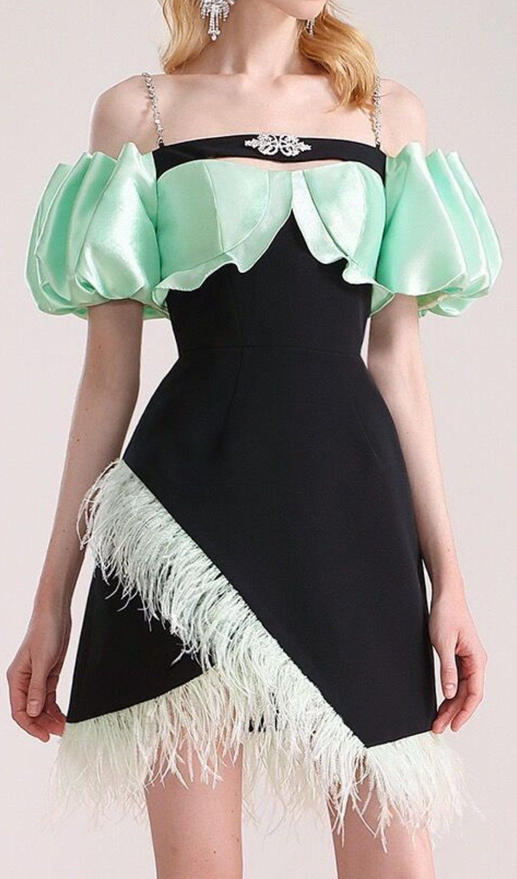 Flowering Girl Women Cielo Black Off-Shoulder Feather Mini Dress