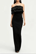Flowering Girl Women Rosemary Black Pearl Embellished Draped Strapless Maxi Dress