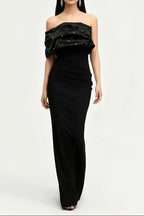 Flowering Girl Women Rosemary Black Pearl Embellished Draped Strapless Maxi Dress