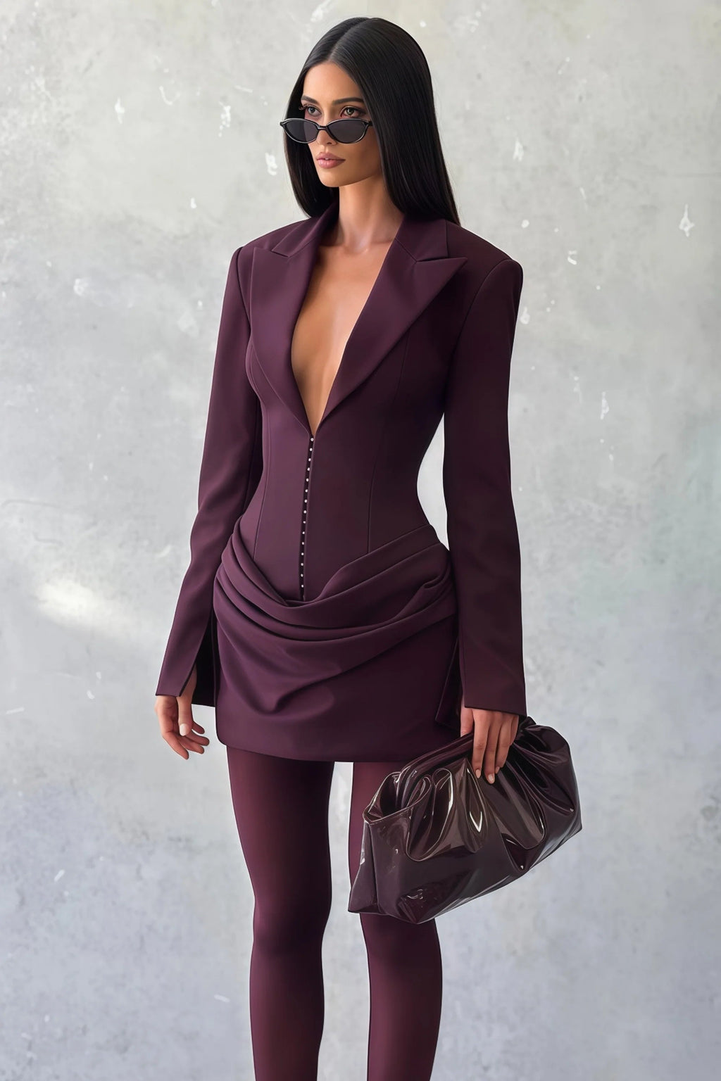 Flowering Girl Women Amelia v-Neck Ruched Blazer Mini Dress In Wine Red