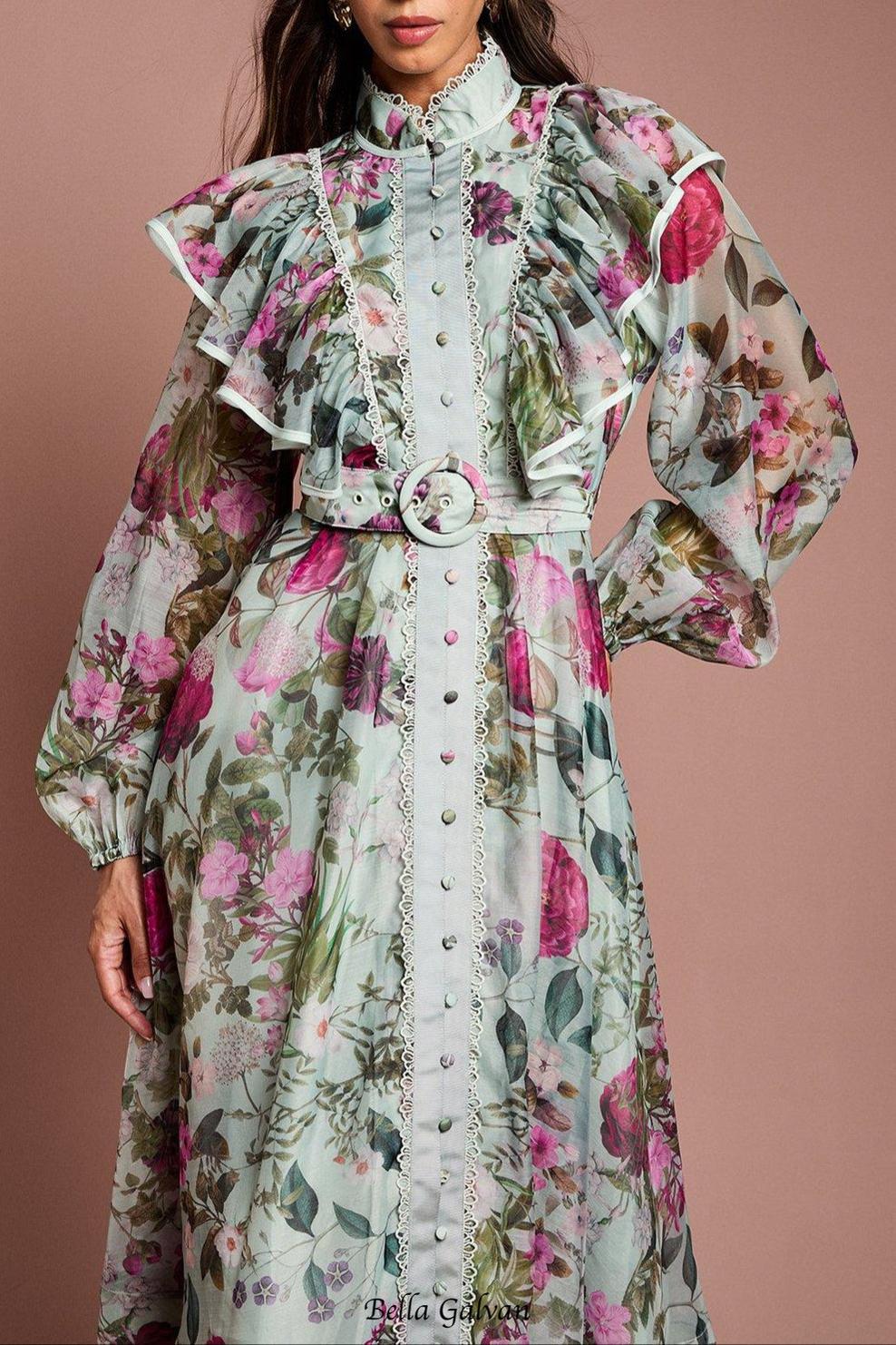 green Long Sleeve Printed Organza Shirt midi Dress