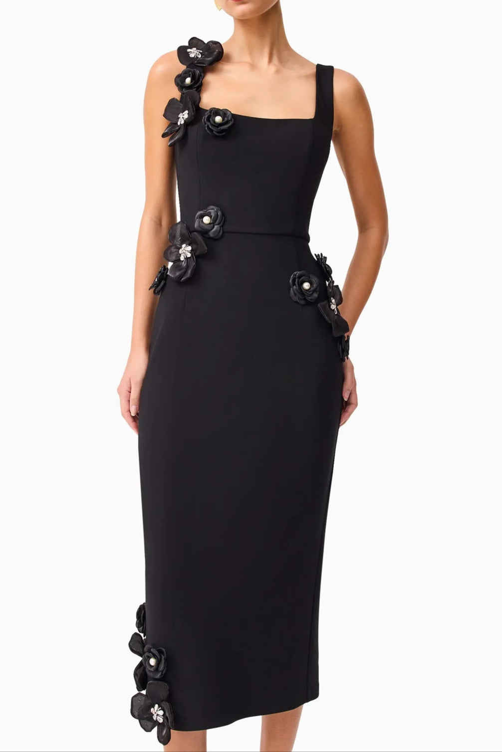 sabrina 3d flower Midi Dress in Black