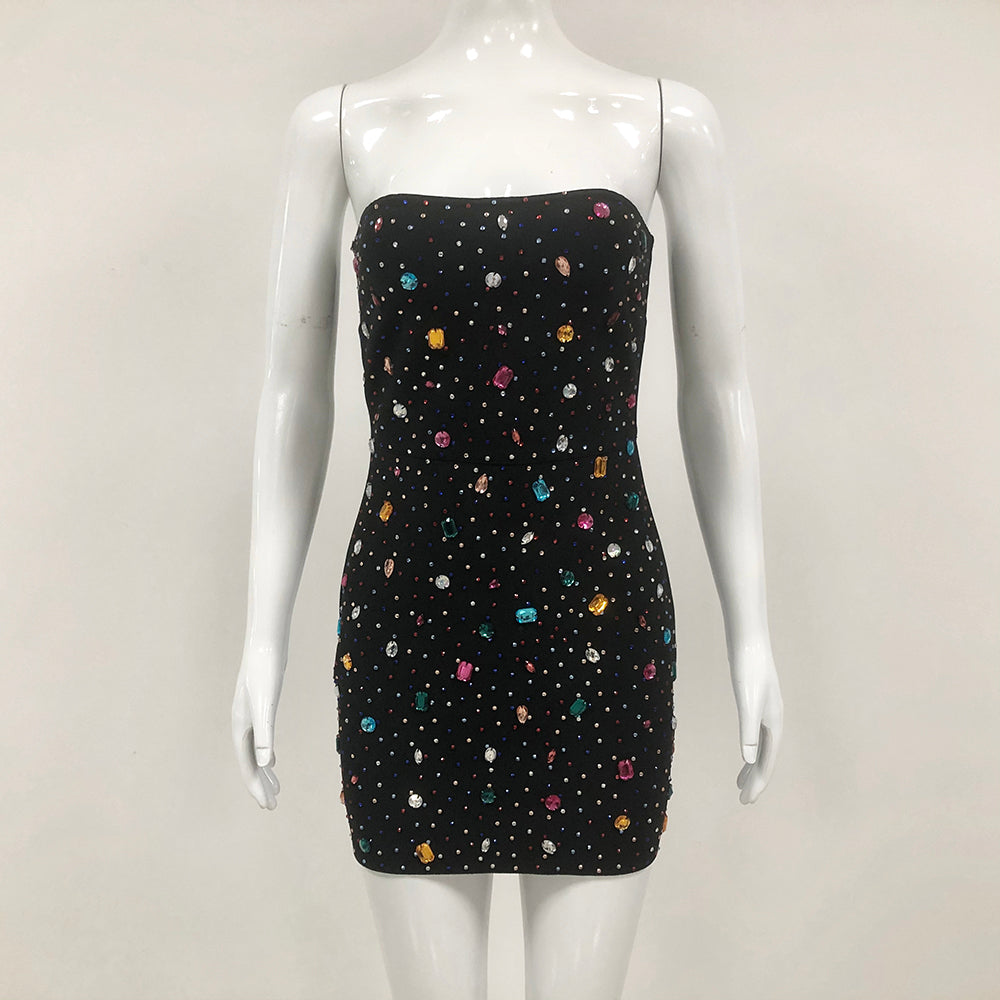Flowering Girl Women multicolor-crystal embellished black strapless mini dress
