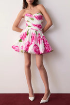 Flowering Girl Women Rose Light Bubble Hem Strapless Mini Dress