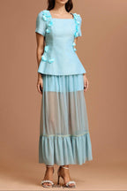ursula blue Short Sleeves Flowers Folds Top And Skirt Two-Piece Set